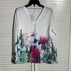 Women's Floral V-Neck Top - White with Multicolor Design